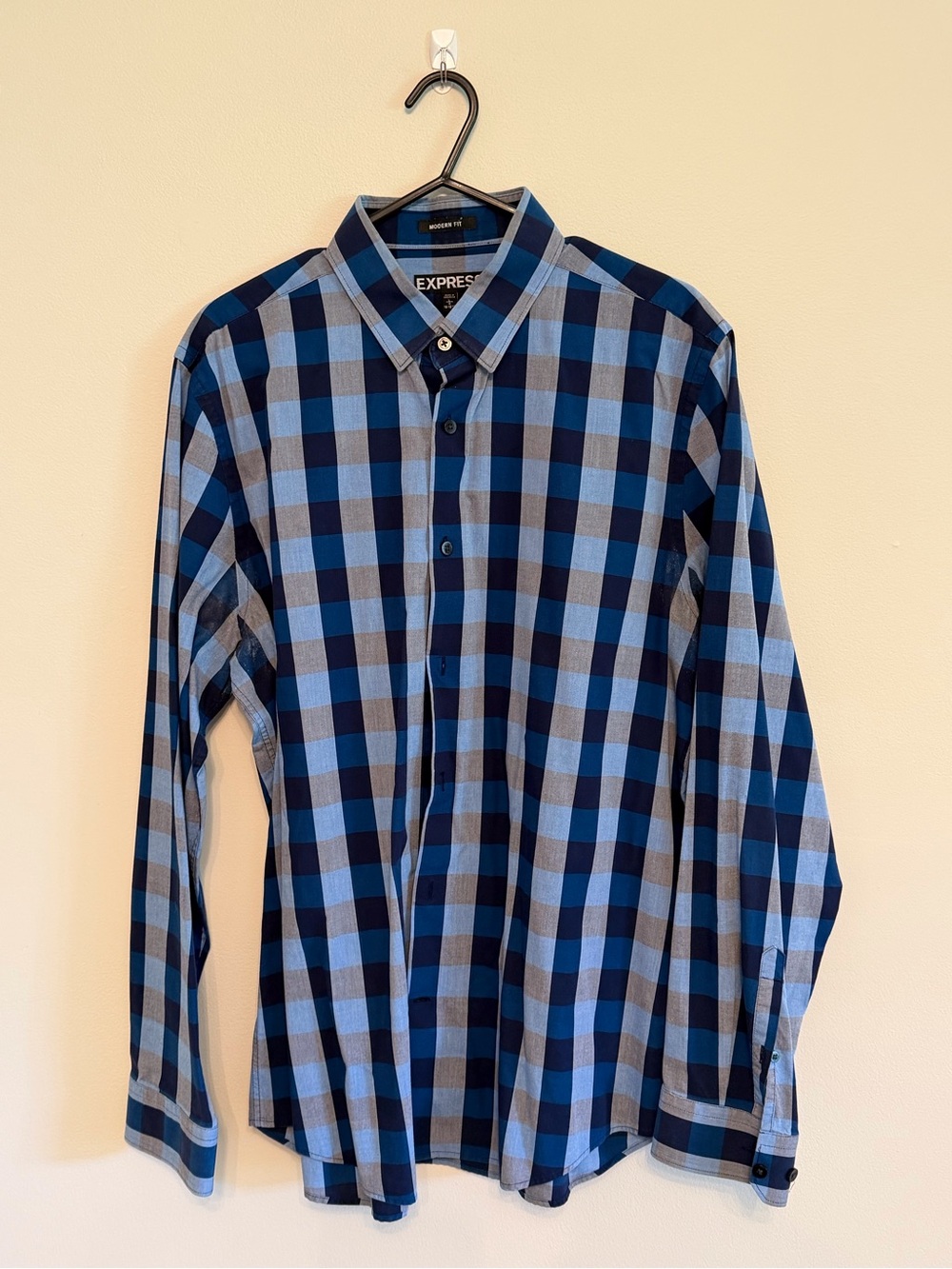 Express Men’s Navy and Light Blue Check Button-Down Shirt
